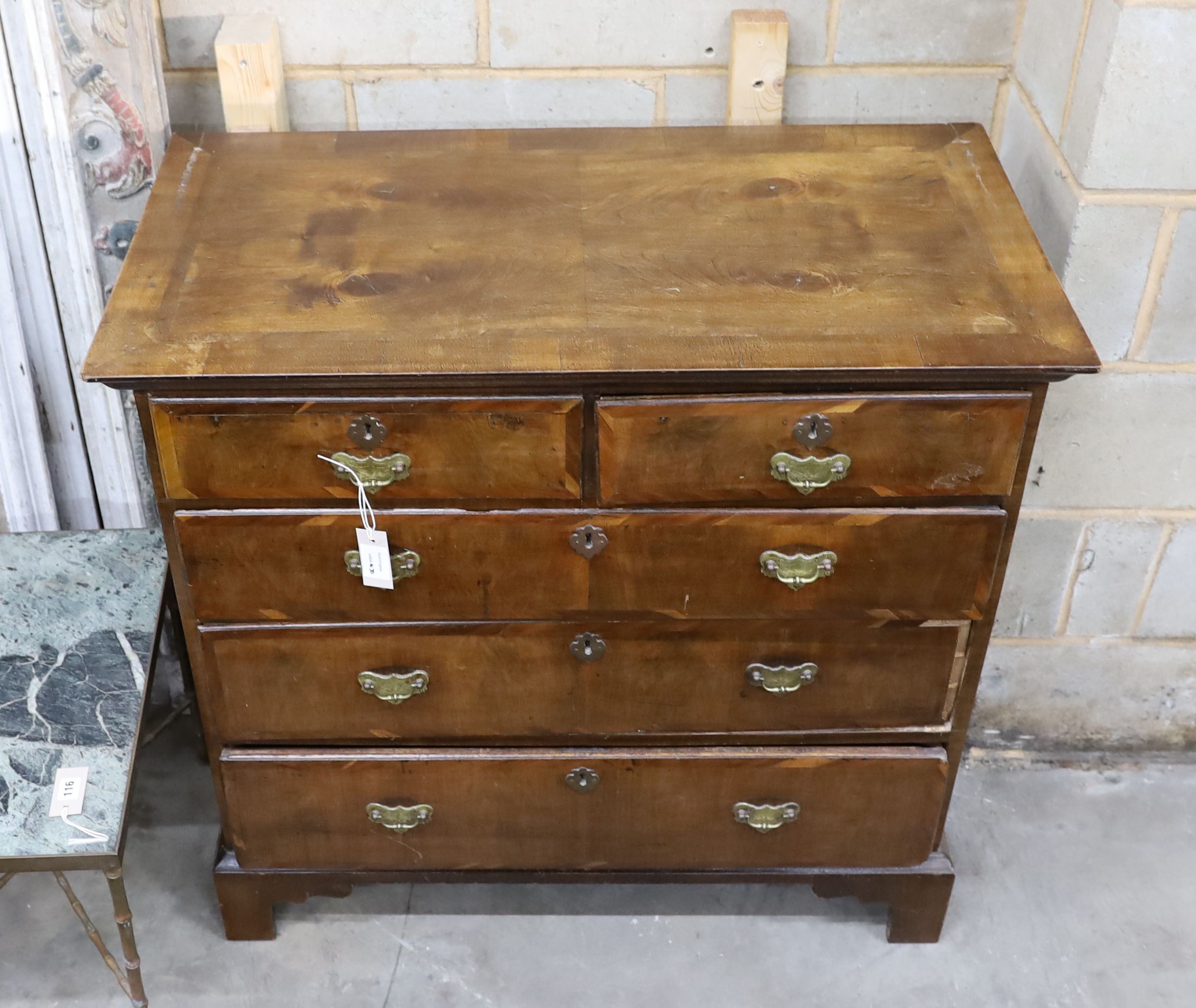 An 18th century and later banded walnut chest of drawers, width 99cm, depth 52cm, height 94cm